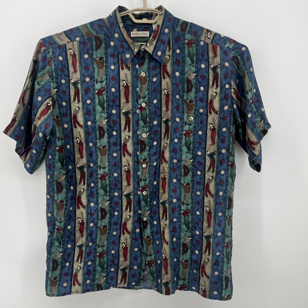 Vintage Burma Bibas Shirt Mens L Golf Print Silk Short Sleeve Button Up Colorful